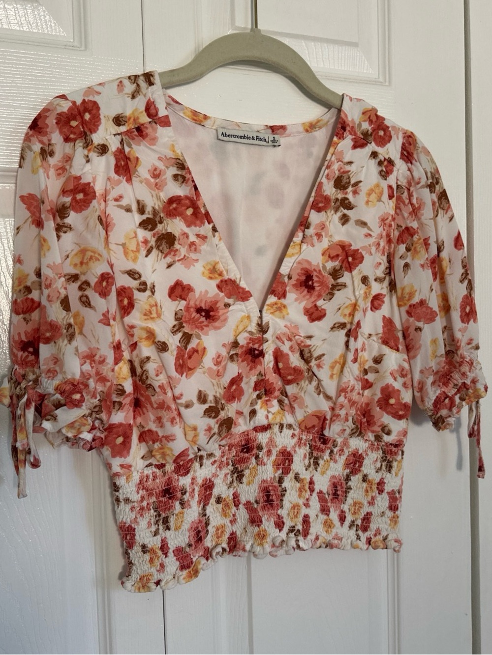 Floral Smocked Waist Women's Top - White Floral